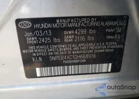 2013 Hyundai Sonata Gls z USA, uszkodzony, nr VIN 5NPEB4AC1DH668916